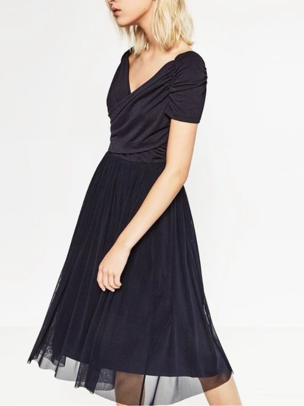 Zara Navy Blue Party Dress with Layered Tulle Skirt Size Large
